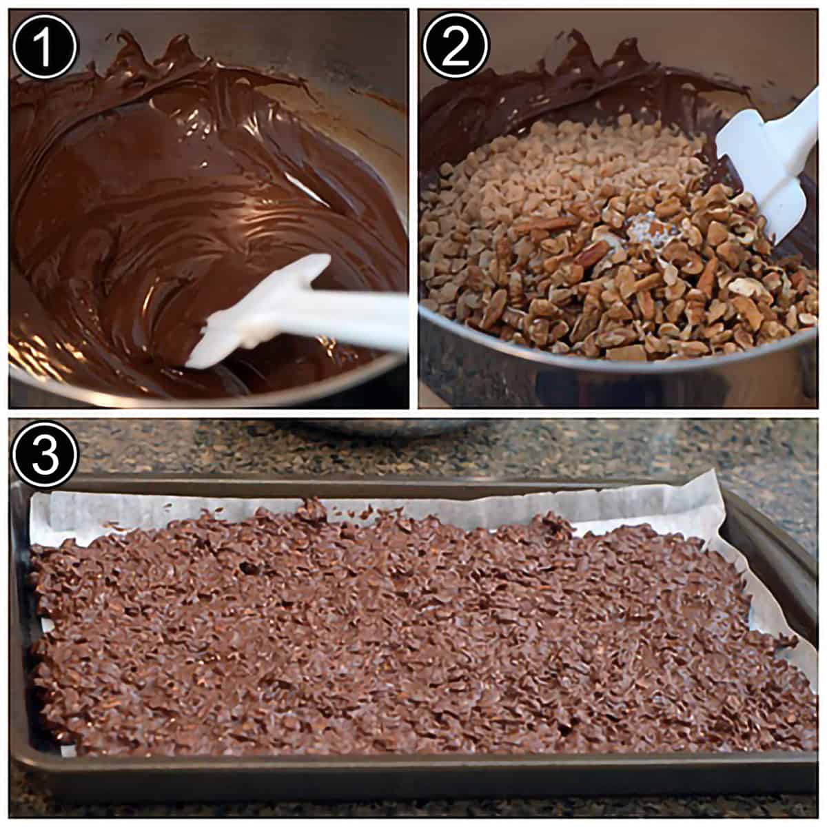 Photo collage showing first three steps in making chocolate bark.
