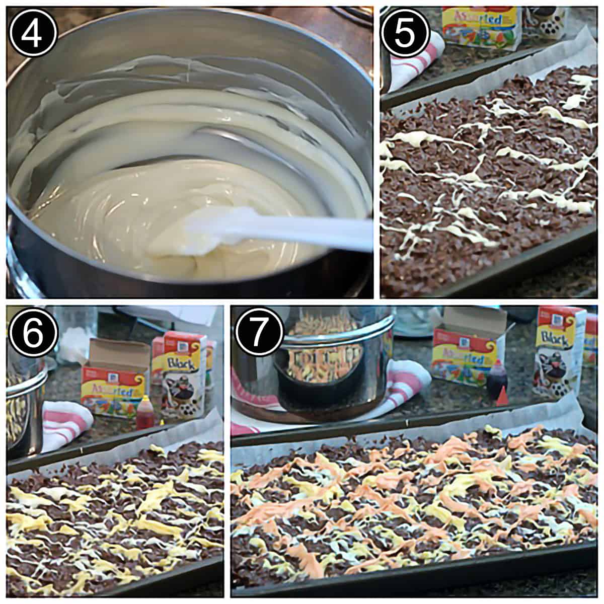 Photo collage showing steps for drizzling candy corn colored white chocolate on the bark.