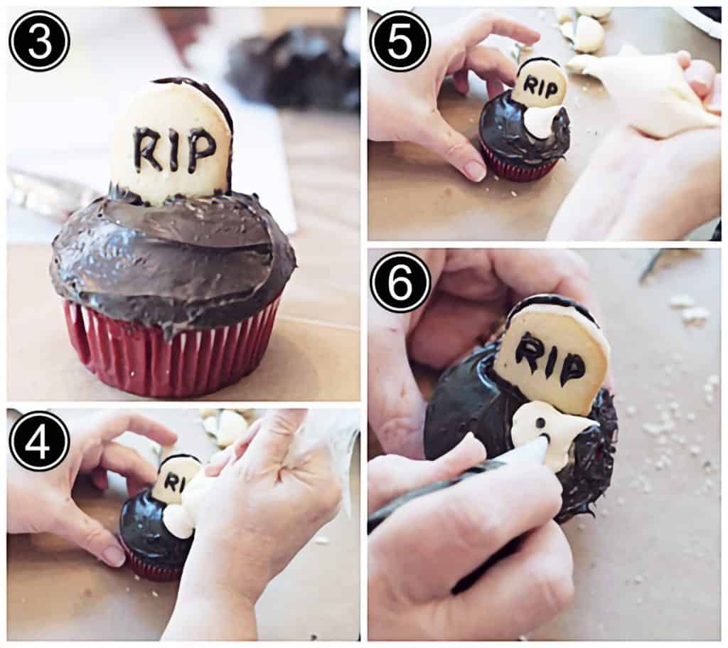 Photo collage showing the "tombstone" cookies added to cupcakes and ghosts piped onto each.