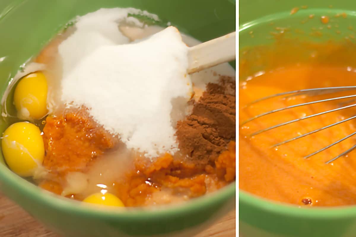 Photo collage showing wet ingredients in a mixing bowl.