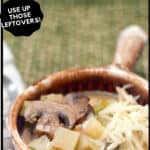 Leftover turkey soup in a vintage serving bowl with a spoon.