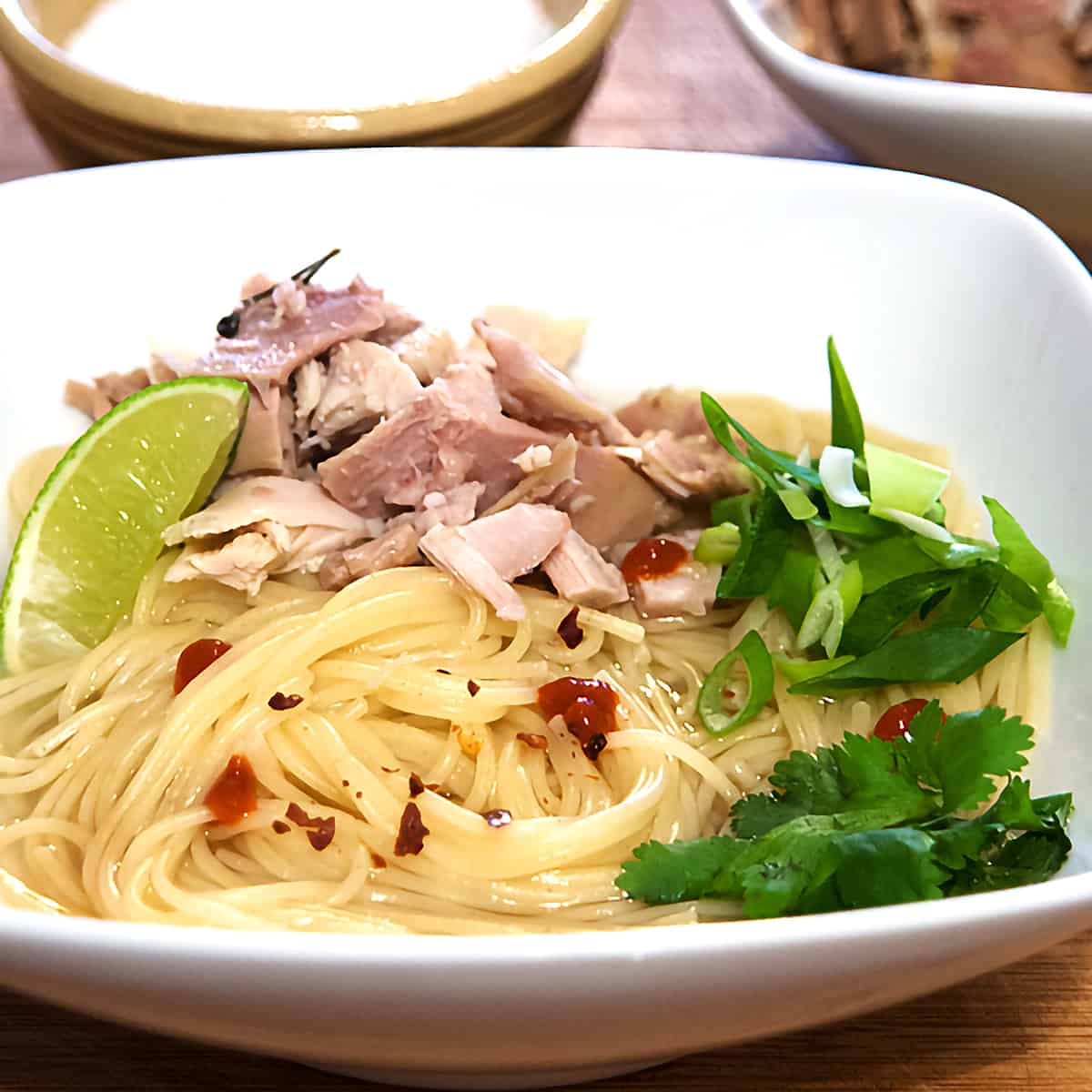 Noodles, turkey, and accompaniments in a white serving bowl.