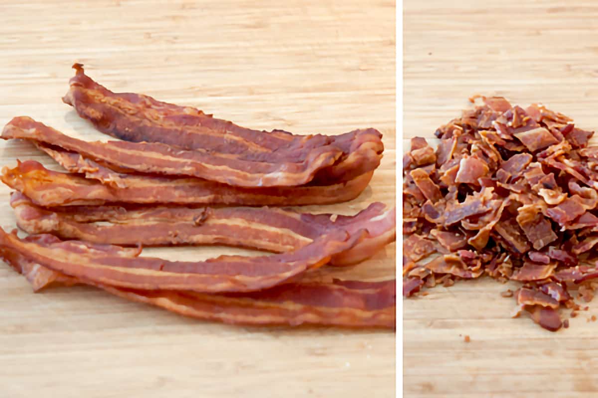 Photo collage showing cooked bacon before and after crumbling.