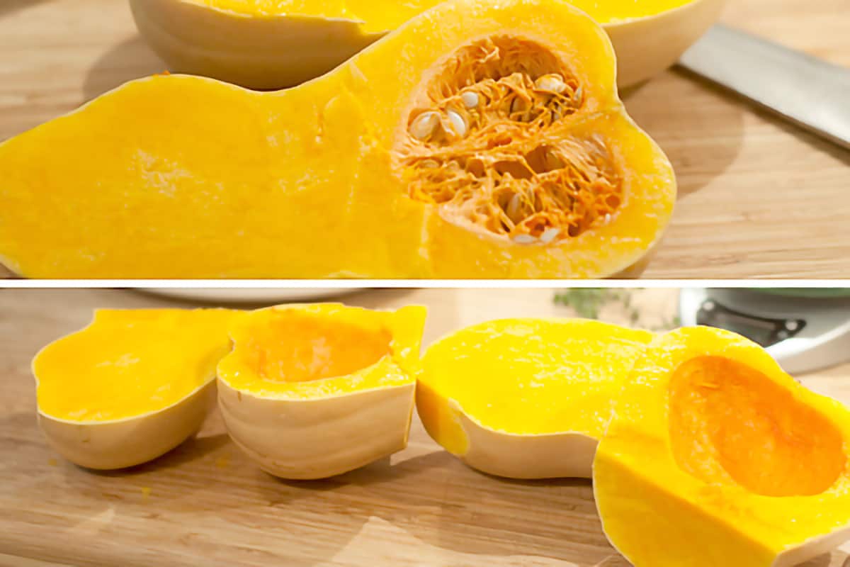 Photo collage showing a split and peeled butternut squash on a cutting board.