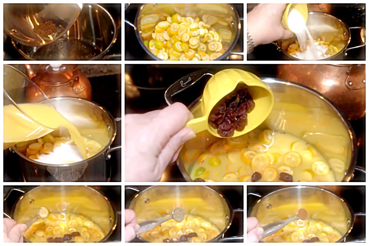 Photo collage showing all ingredients for the recipe being added into a pot.