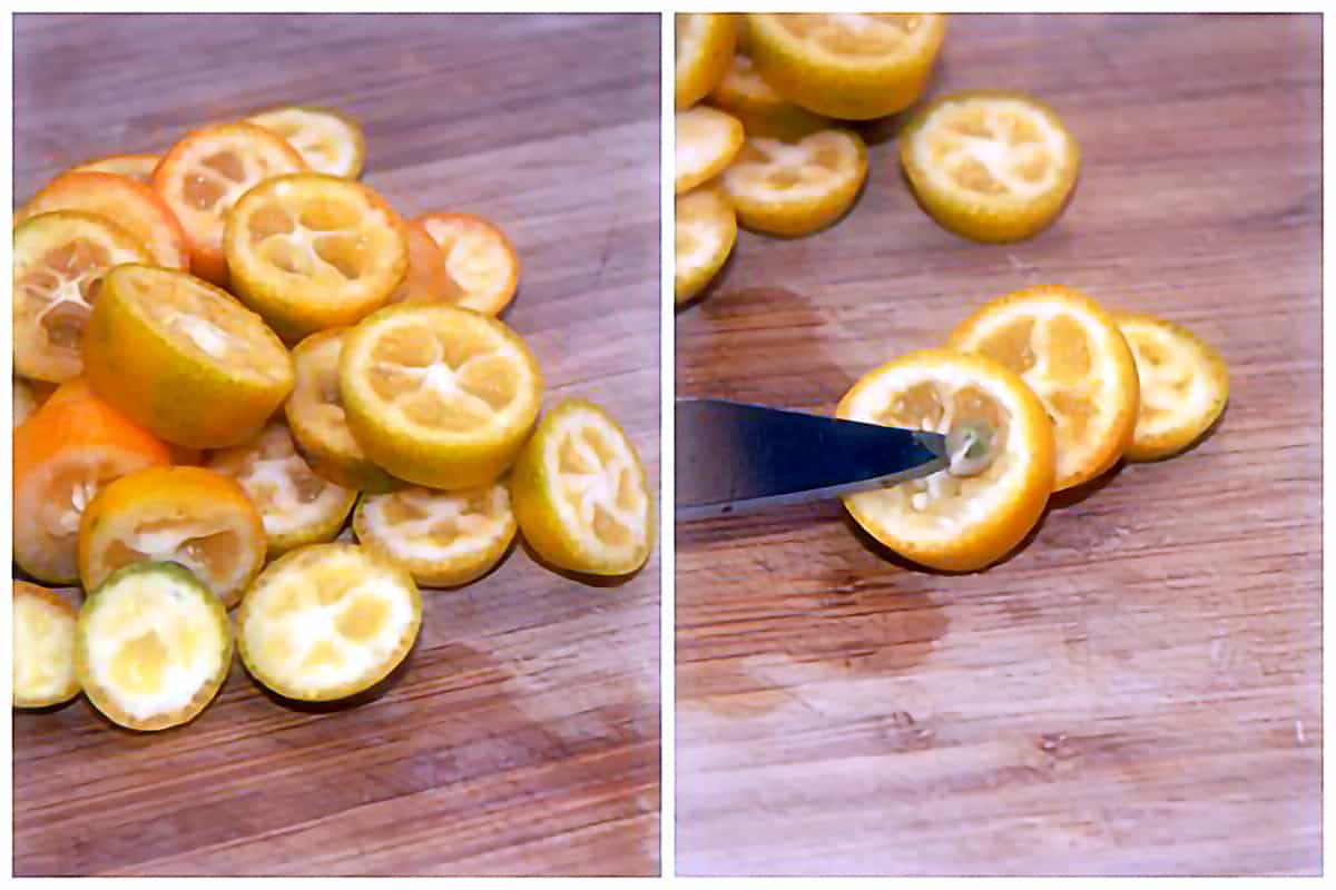 Deseeding kumquats Photo collage showing kumquats being sliced and deseeded.