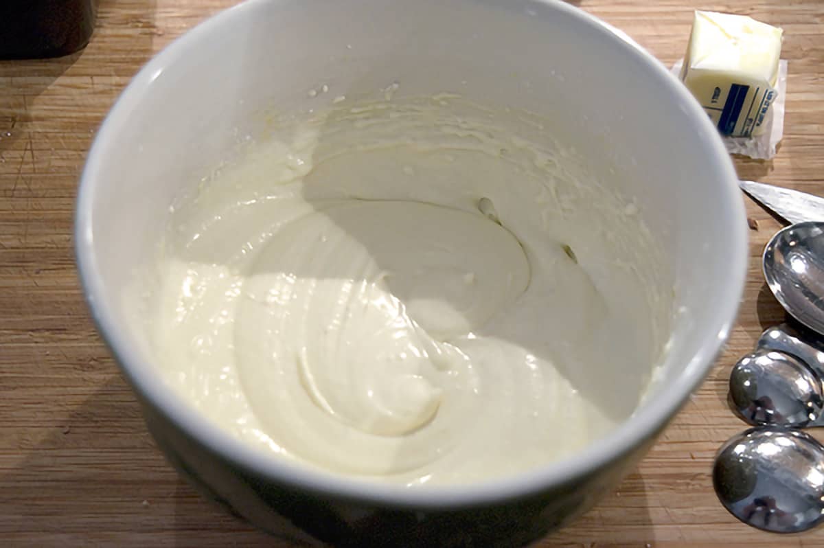 Cream cheese mixture in a mixing bowl.