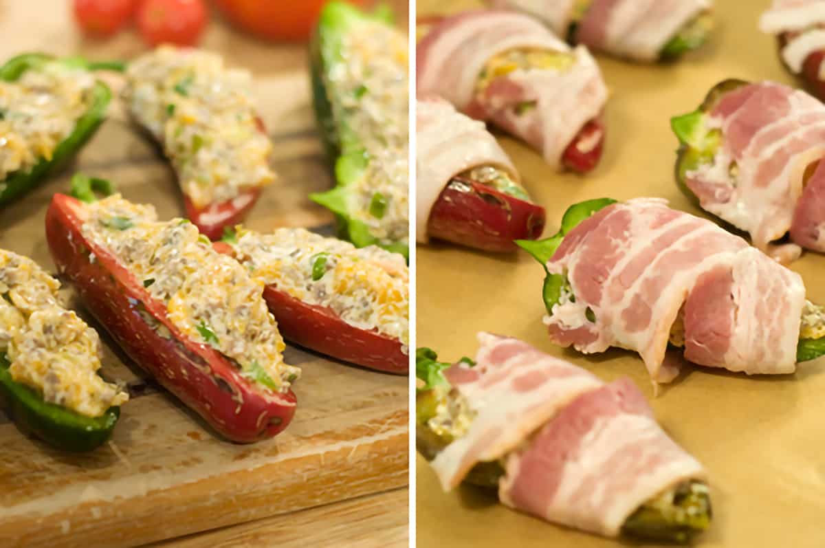 Halved jalapenos stuffed with sausage-cheese mixture and wrapped with bacon.