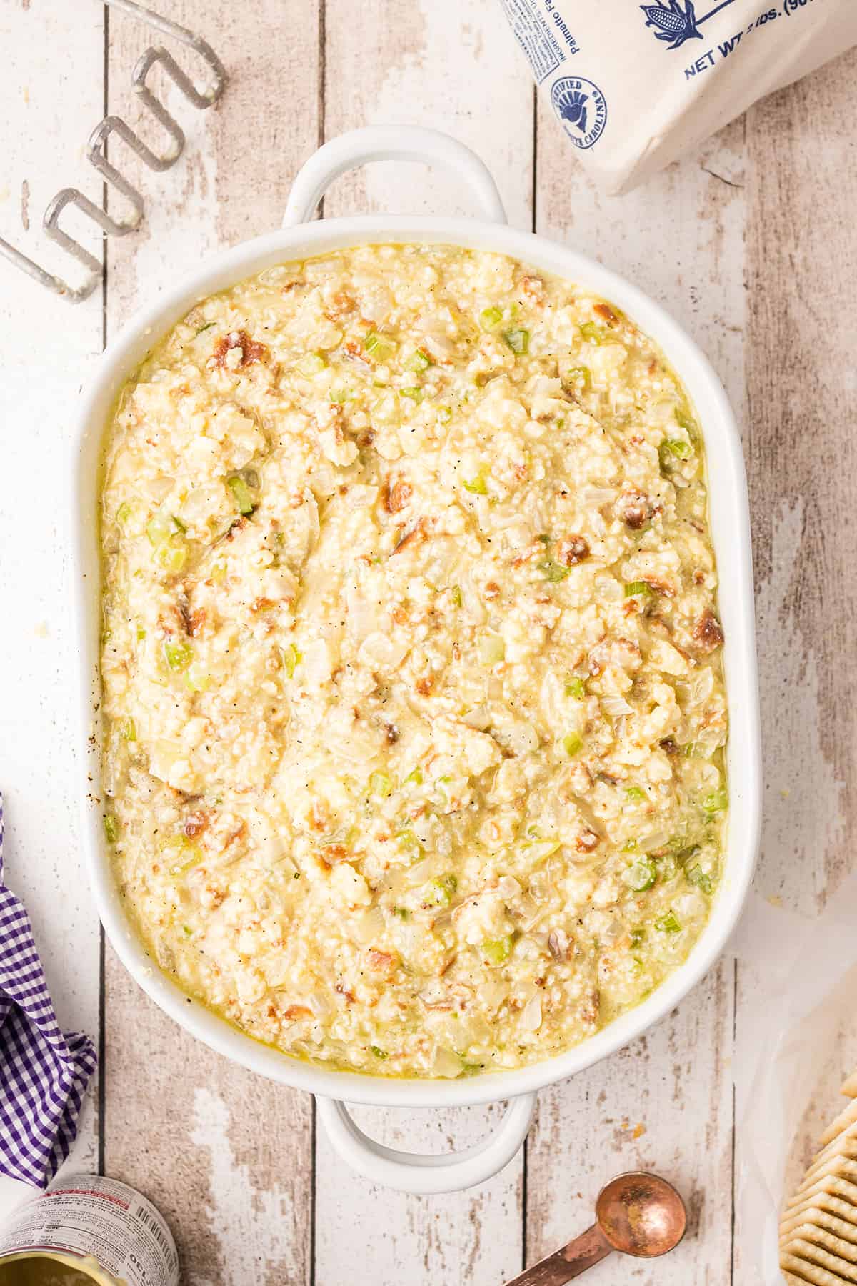 Southern Cornbread Dressing in a baking dish ready to cook.