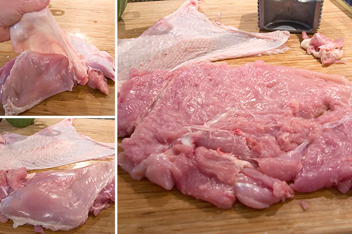 Photo collage showing how to remove the skin from the turkey breast.