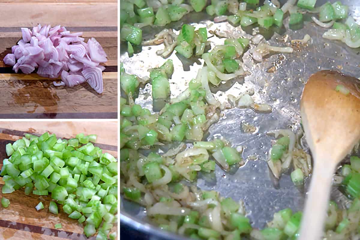 Photo collage showing chopped shallot and celery on the left and the same cooking in a skillet on the right.