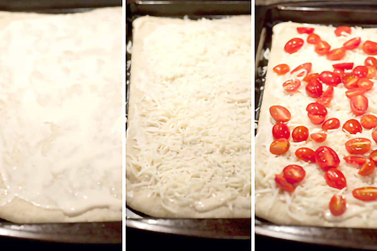 Photo collage showing (from left to right) pizza crust with alfredo sauce, then a layer of cheese, and last a layer of halved cherry tomatoes.