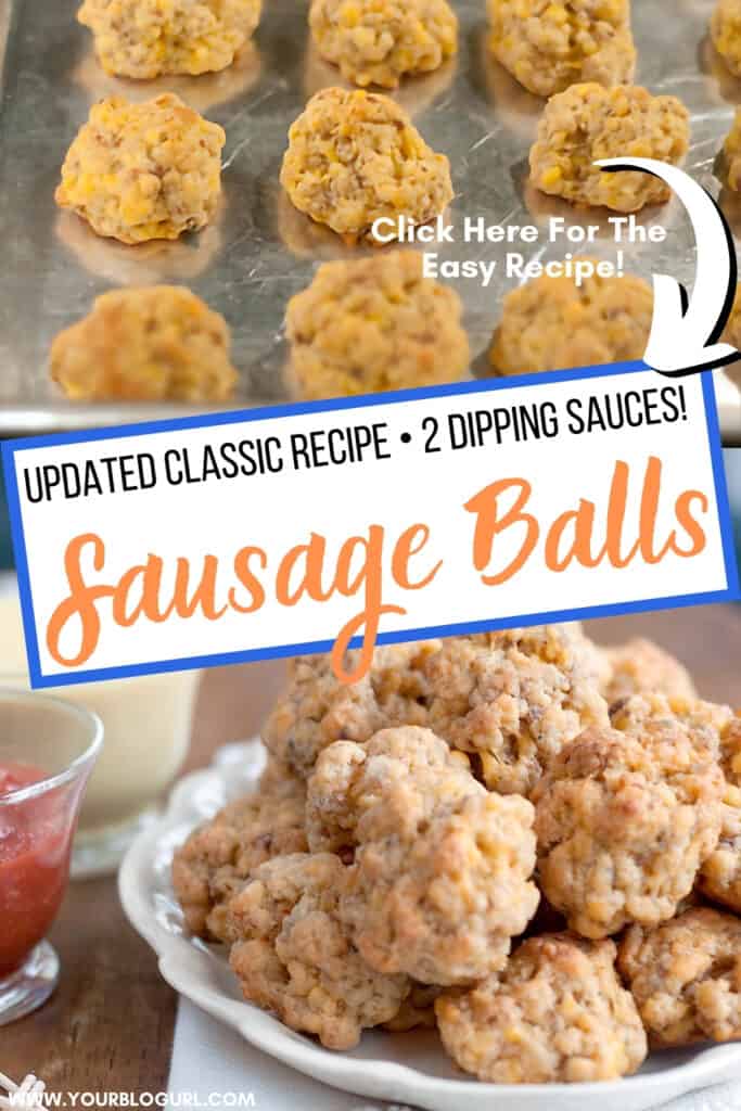 Sausage balls piled on a serving plate with dipping sauces on the side.
