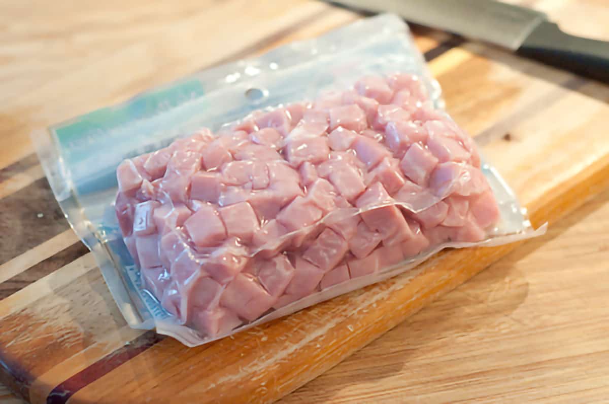 Package of purchased diced ham.