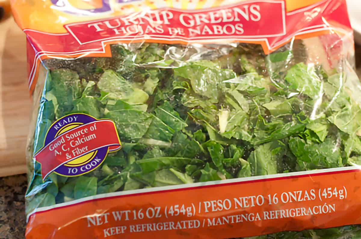 16 ounce bag of pre-washed, cut turnip greens.