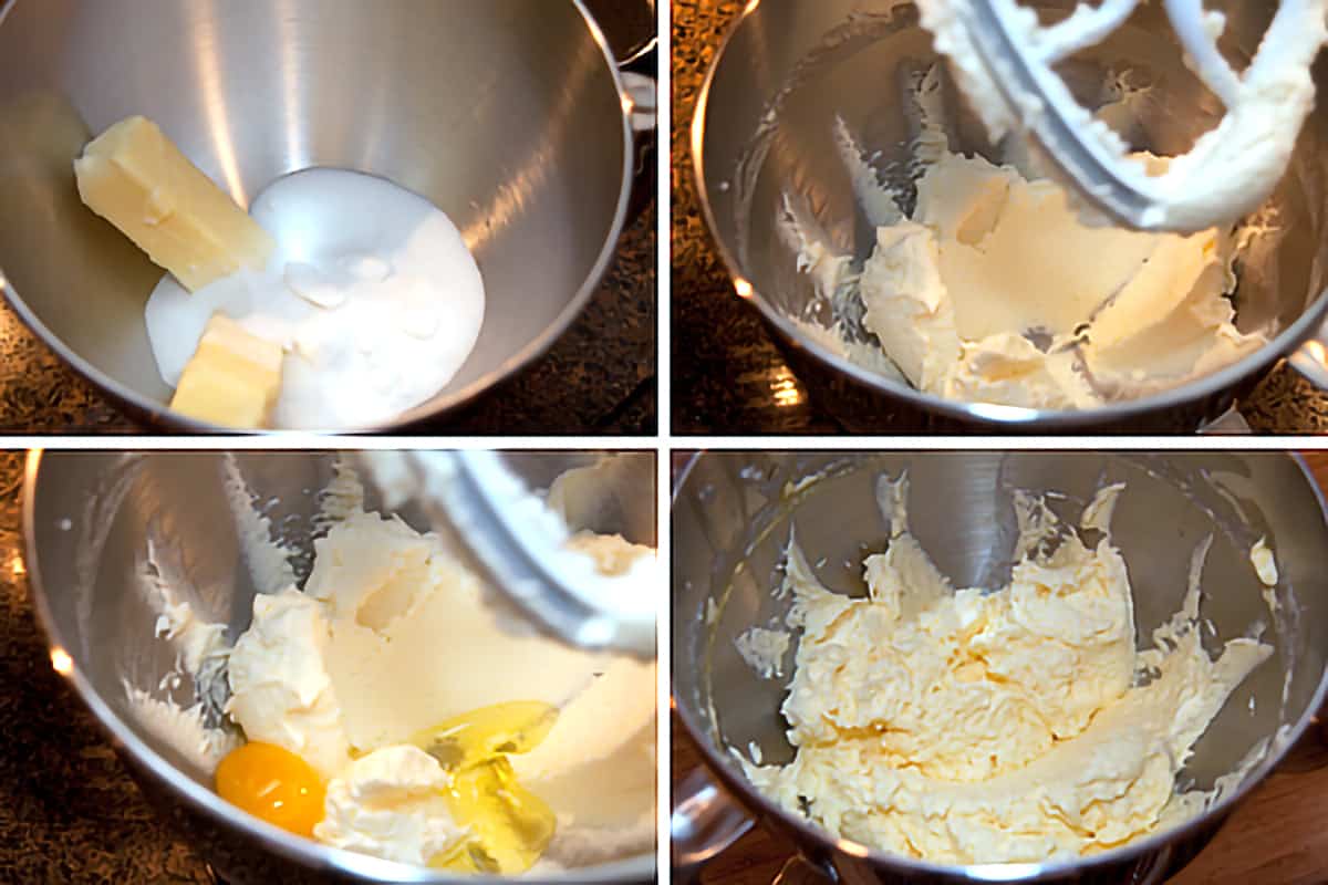 Photo collage showing the bowl of a stand mixer with the process for mixing the eggs, sugar, and butter.
