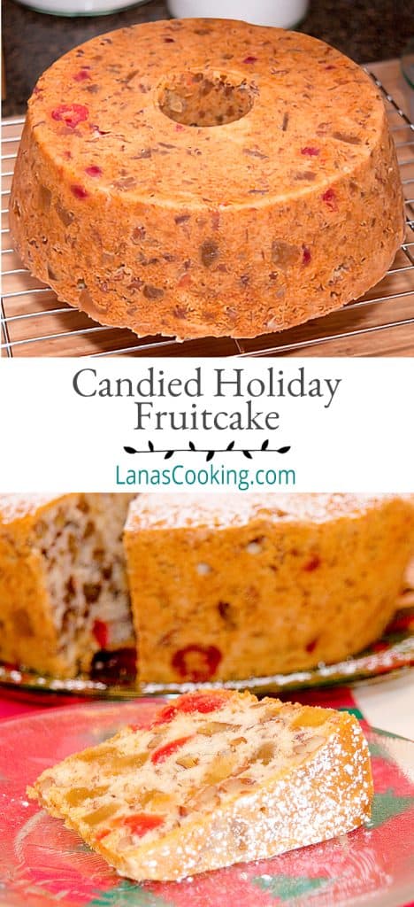 vA slice of candied holiday fruitcake on a plate with remaining cake in background. Text overlay for pinning.