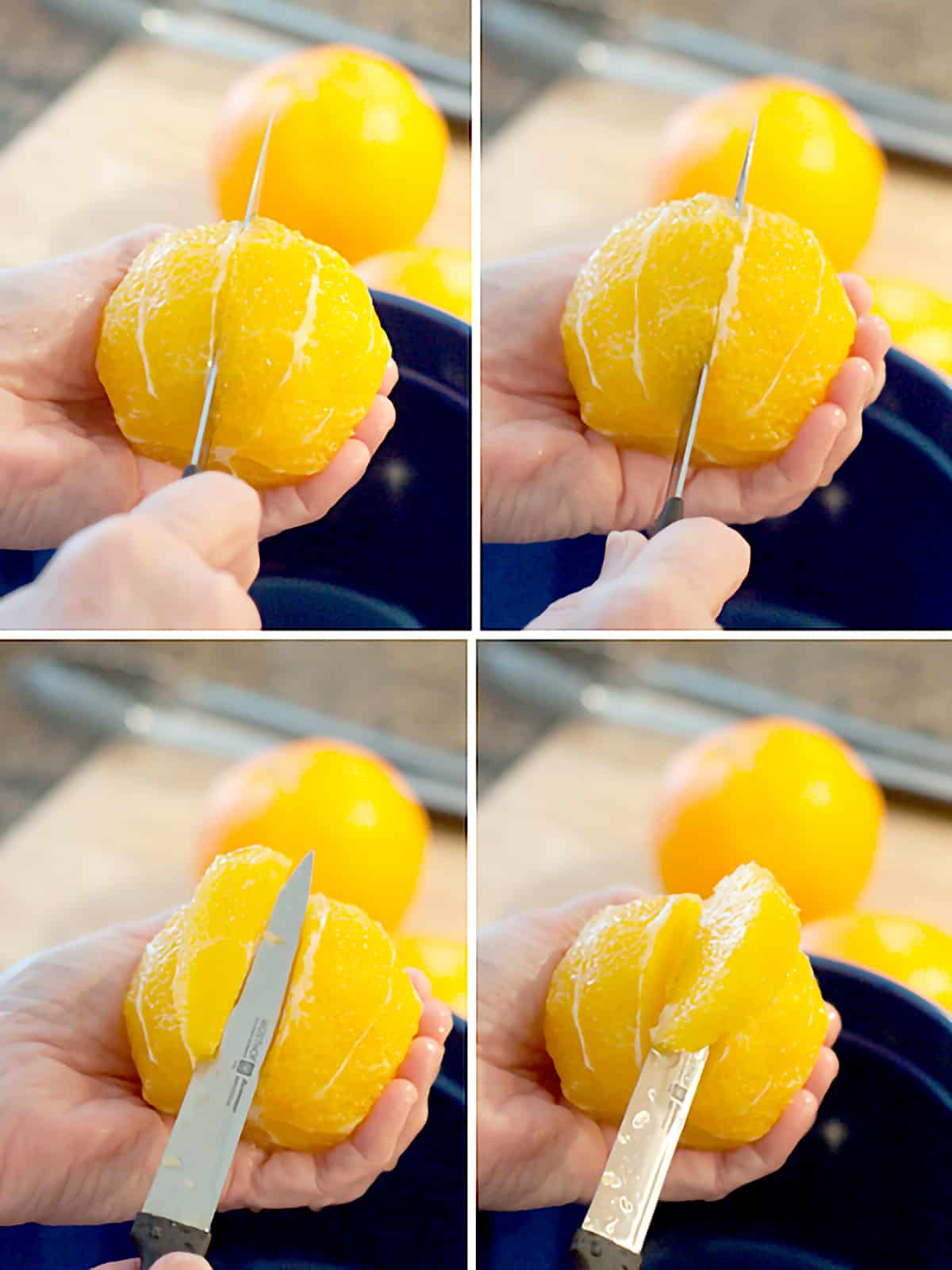 Photo collage showing how to section oranges.
