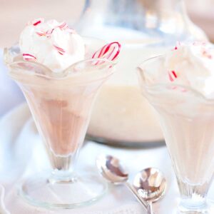 Mocha Eggnog Sundae in vintage soda glasses with a pitcher in the background.