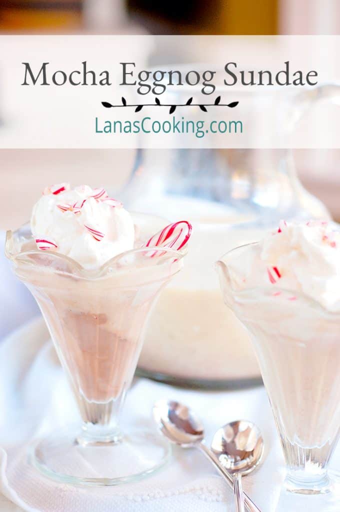 Mocha Eggnog Sundae in vintage soda glasses with a pitcher in the background. Text overlay for pinning.