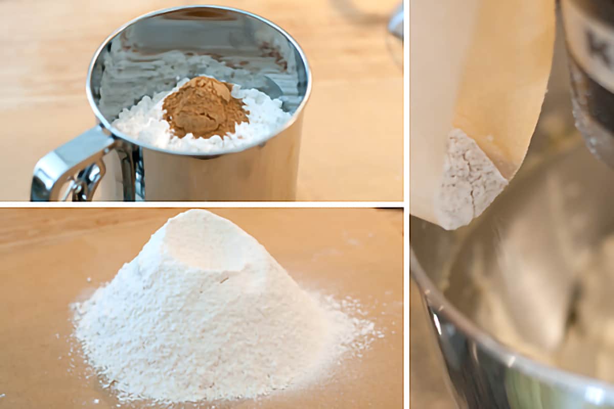 Photo collage showing sifted flour and spices.