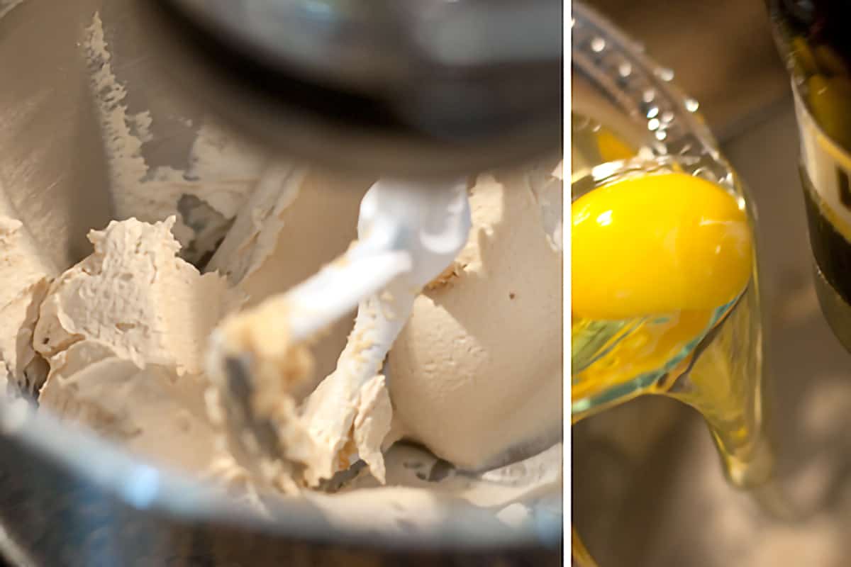 Photo collage showing creamed butter and sugar with eggs being added.