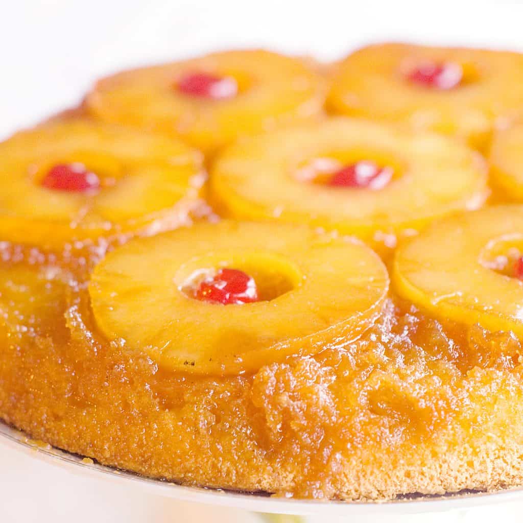 Skillet Pineapple Upside Down Cake on a serving plate.