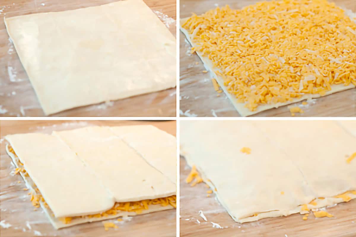 Photo collage showing the assembly of the puff pastry and cheese layers.