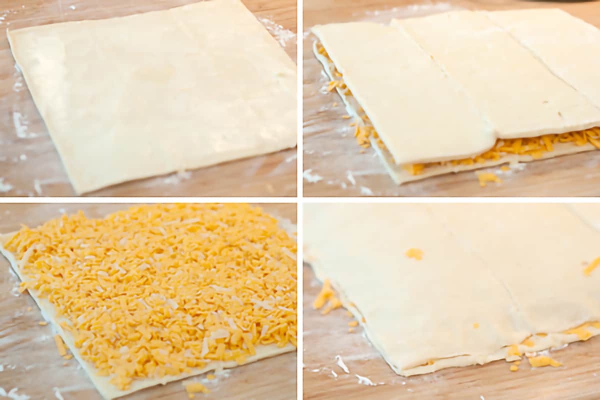 Photo collage showing the assembly of the puff pastry and cheese layers.