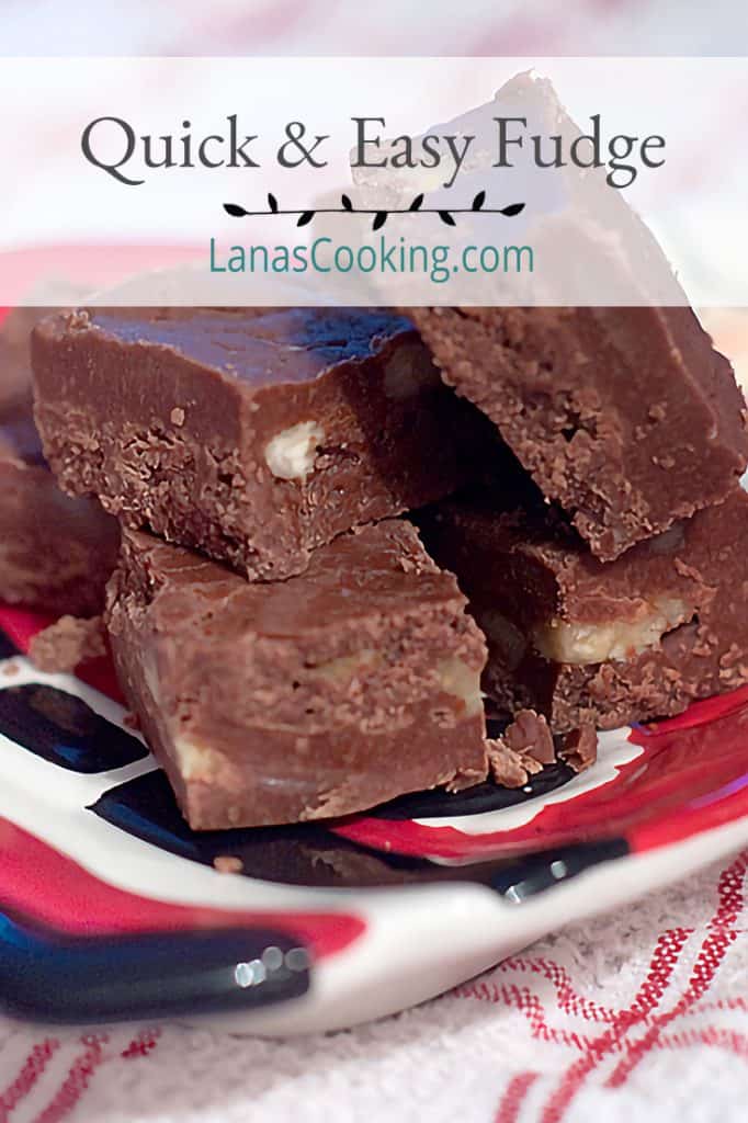 Squares of quick and easy fudge presented on a decorative serving dish. Text overlay for pinning.