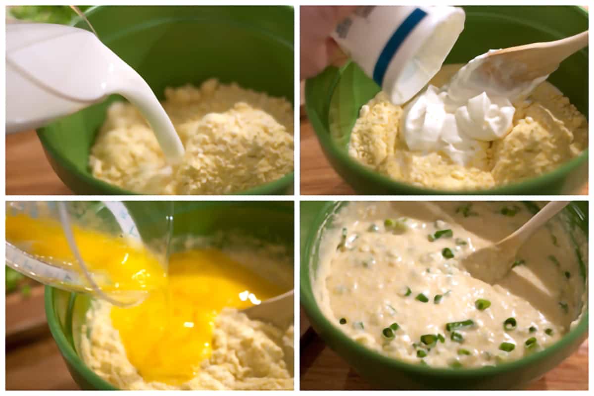 Photo collage showing the steps for mixing the cornbread.