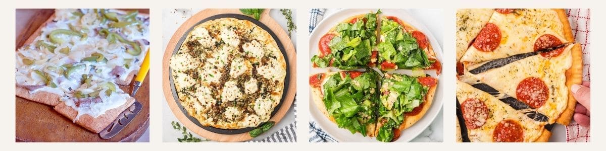 Four different flatbread pizzas are displayed: one with white sauce and vegetables, one with cheese and herbs, one topped with salad greens, and one with pepperoni slices.