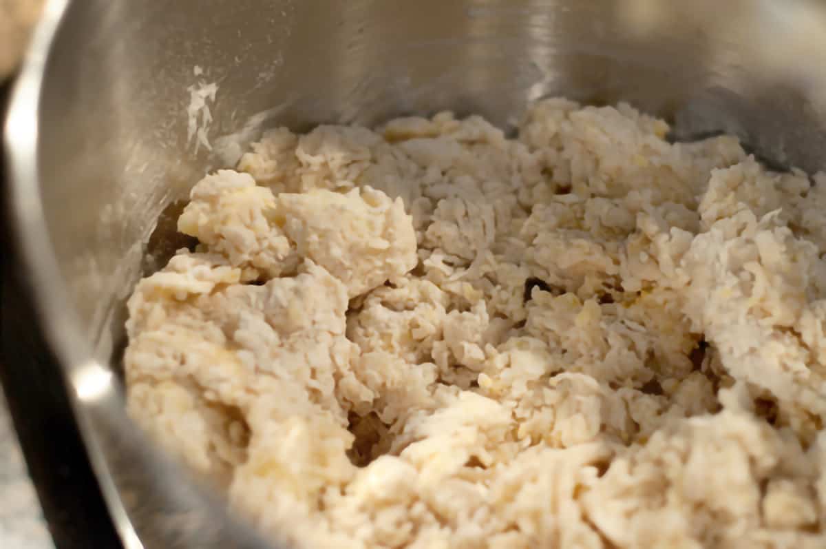 Rough dough mixture in a mixing bowl.