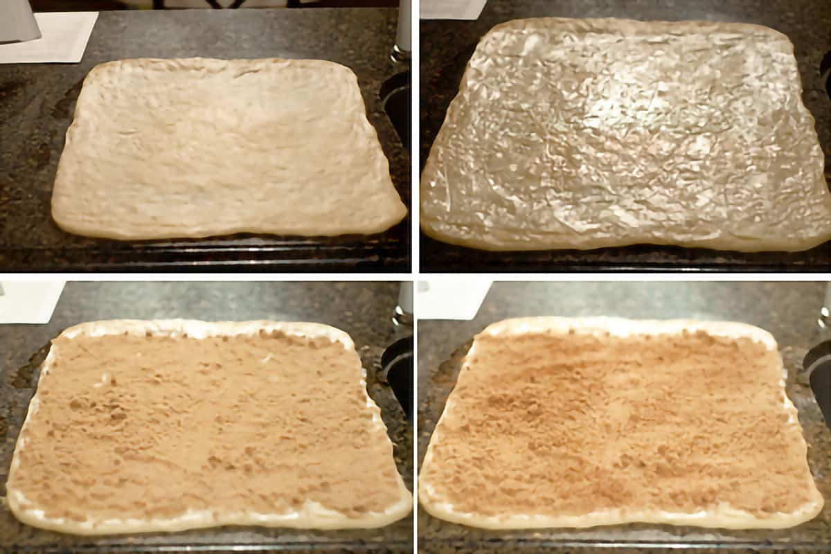 Photo collage showing dough being rolled out, spread with butter and sprinkled with filling.