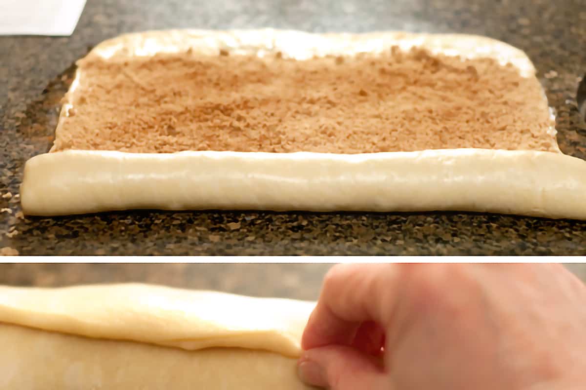 Photo collage showing the dough being rolled up and edges pinched together.