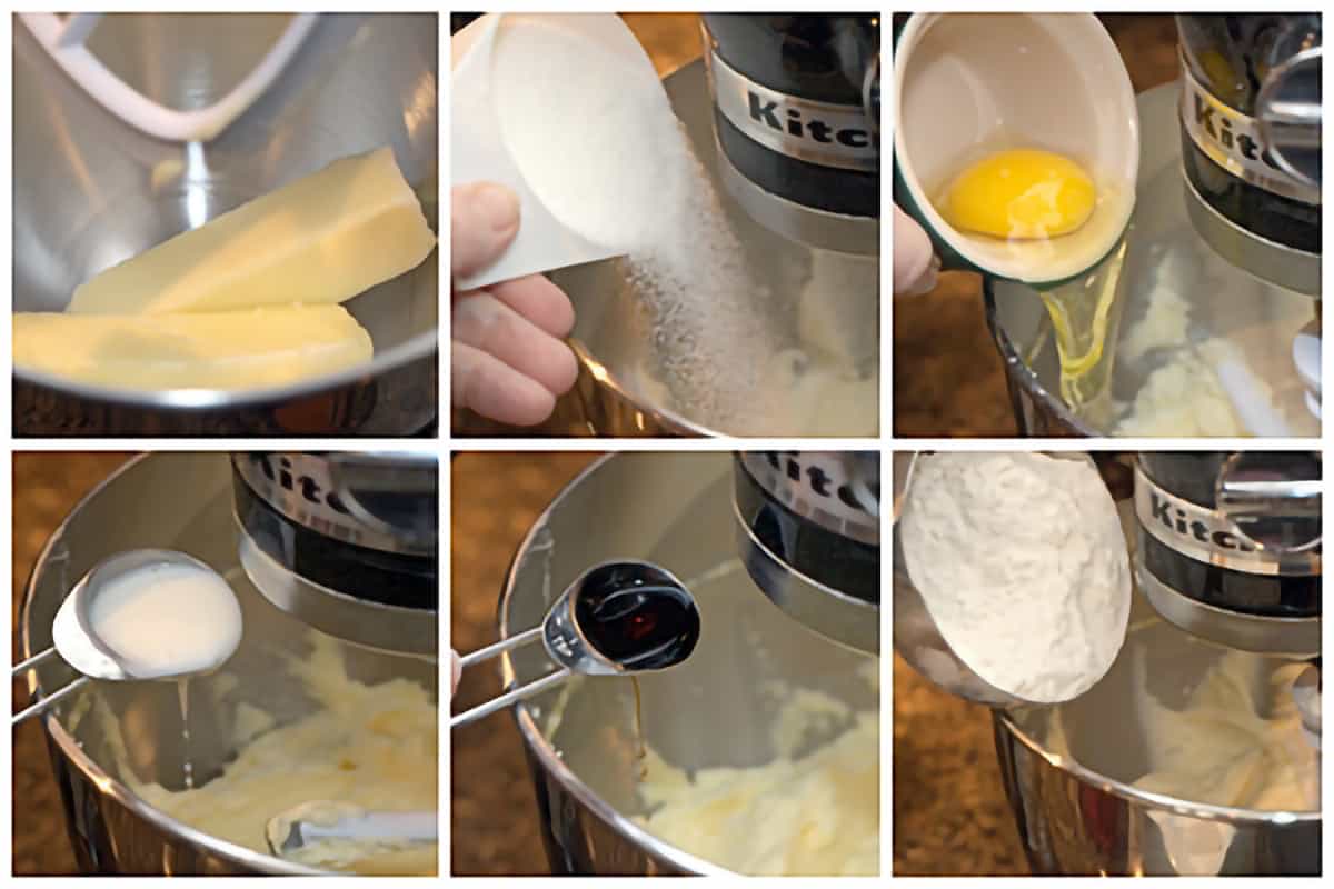 Photo collage showing the six steps of mixing the dough.