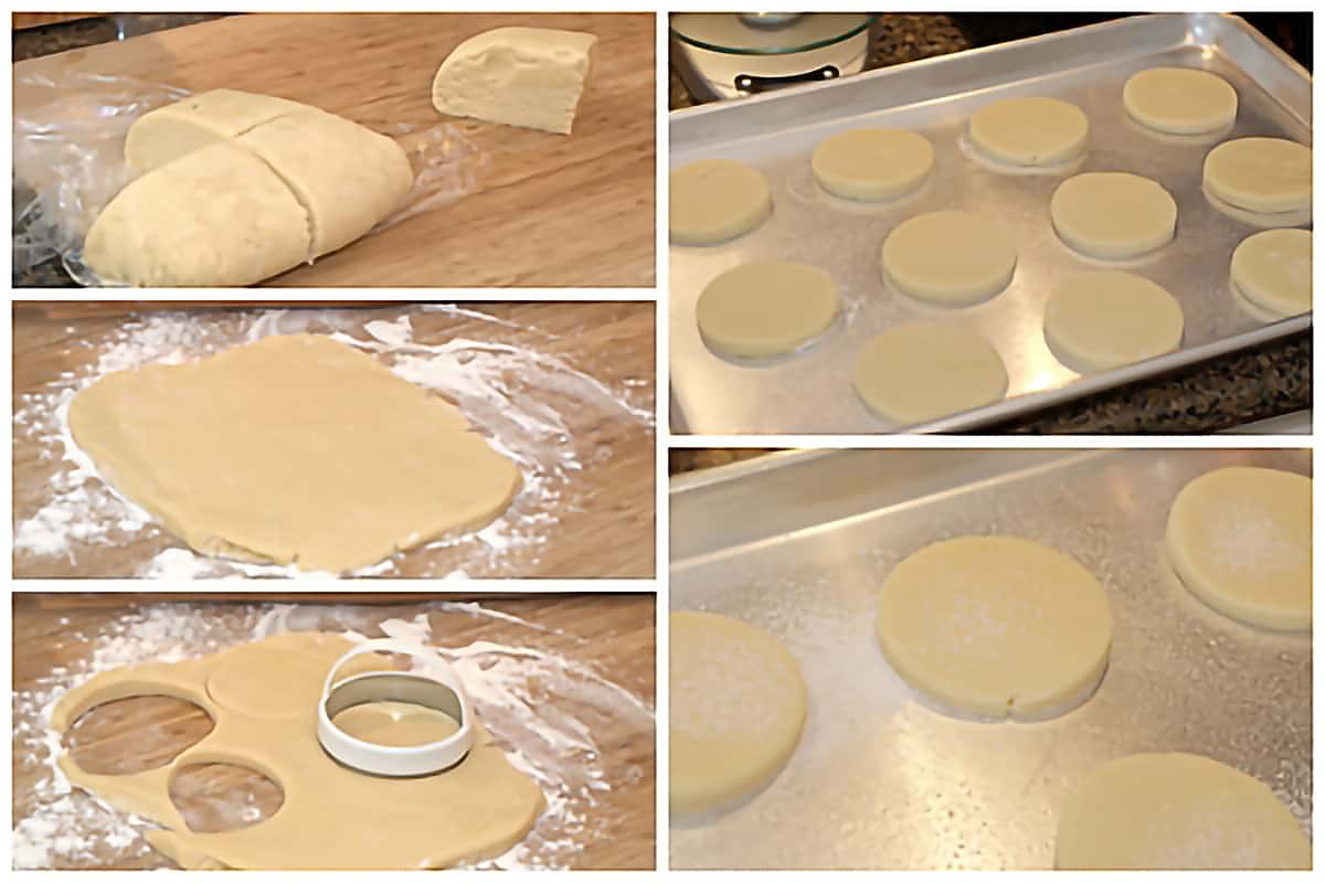 Photo collage showing the process of rolling out and cutting the dough into rounds.