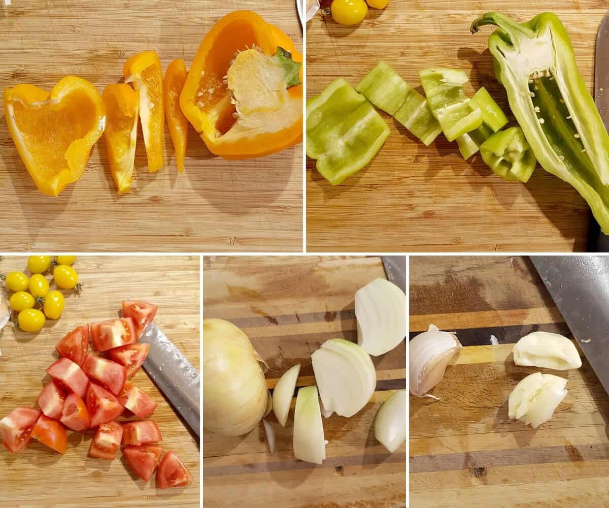 Photo collage of veggies being prepped for recipe.