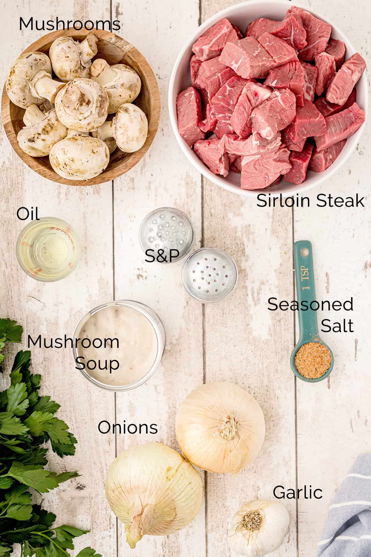 Photo of all ingredients needed to make Steak Tips with Creamy Mushroom Sauce