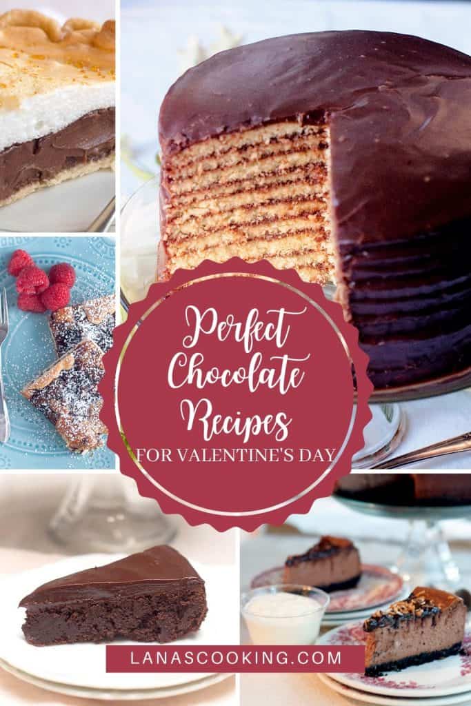 Photo collage of several chocolate desserts with text: Perfect Chocolate Recipes for Valentine's Day