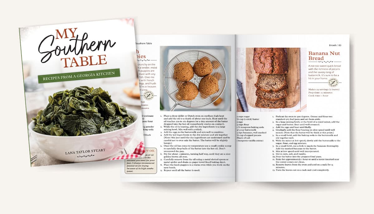 Cookbook cover with greens in a bowl, open pages showing recipes and photos of cookies and banana nut bread.