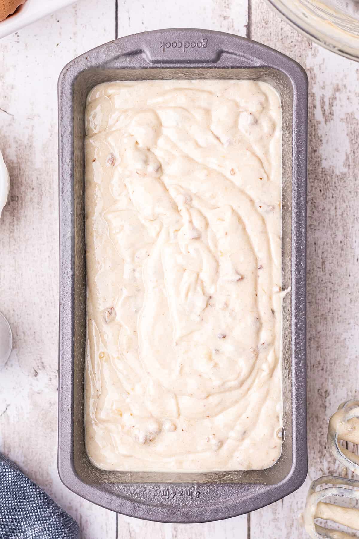 bananbread_inpan Buttermilk banana nut bread batter in a prepared loaf pan.
