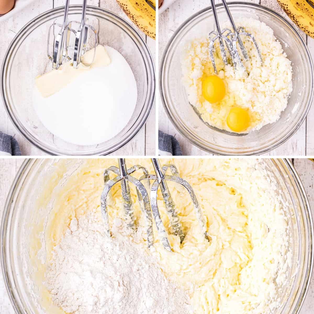 Photo collage demonstrating creaming butter and sugar, adding eggs, and adding flour.