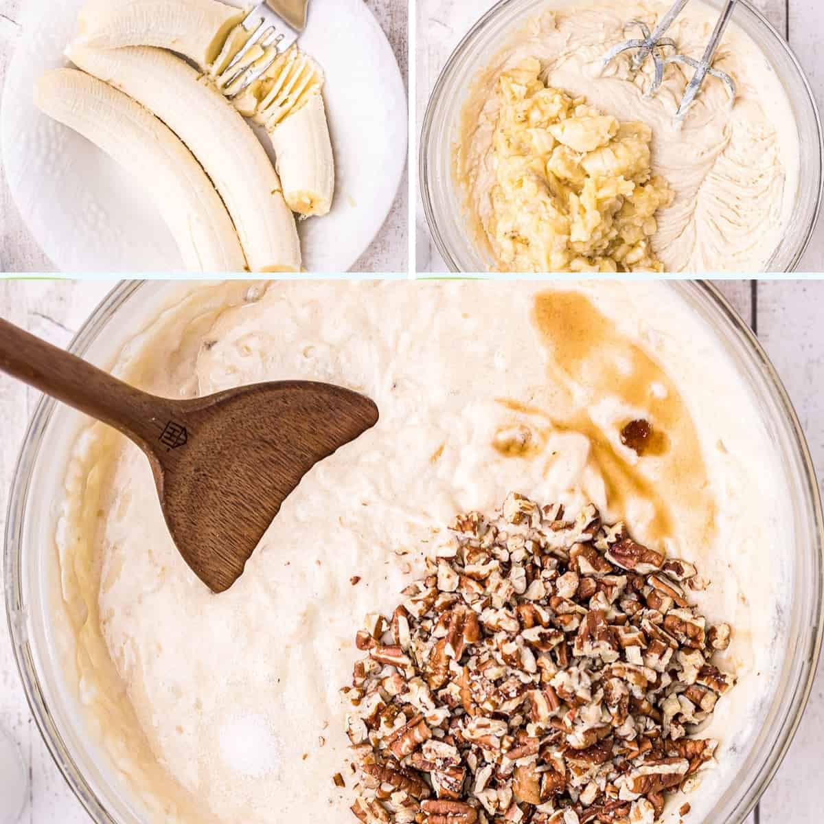 bananabread_bananas Photo collage showing (upper left) mashing bananas, (upper right) adding mashed bananas to batter, and (lower) stirring pecans, salt, and vanilla into the batter.