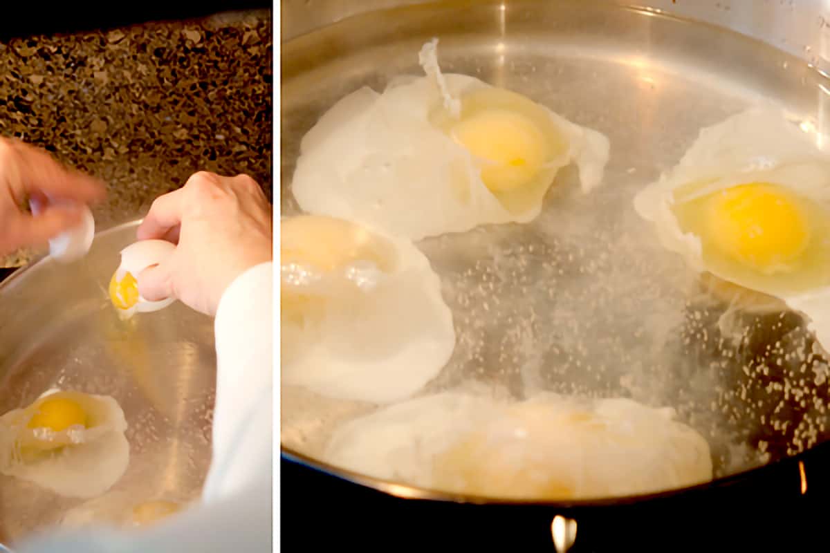 Eggs poaching in a skillet.