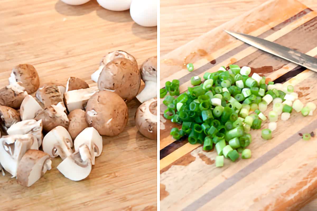 Photo collage showing preparation of the mushrooms and green onions for the recipe.