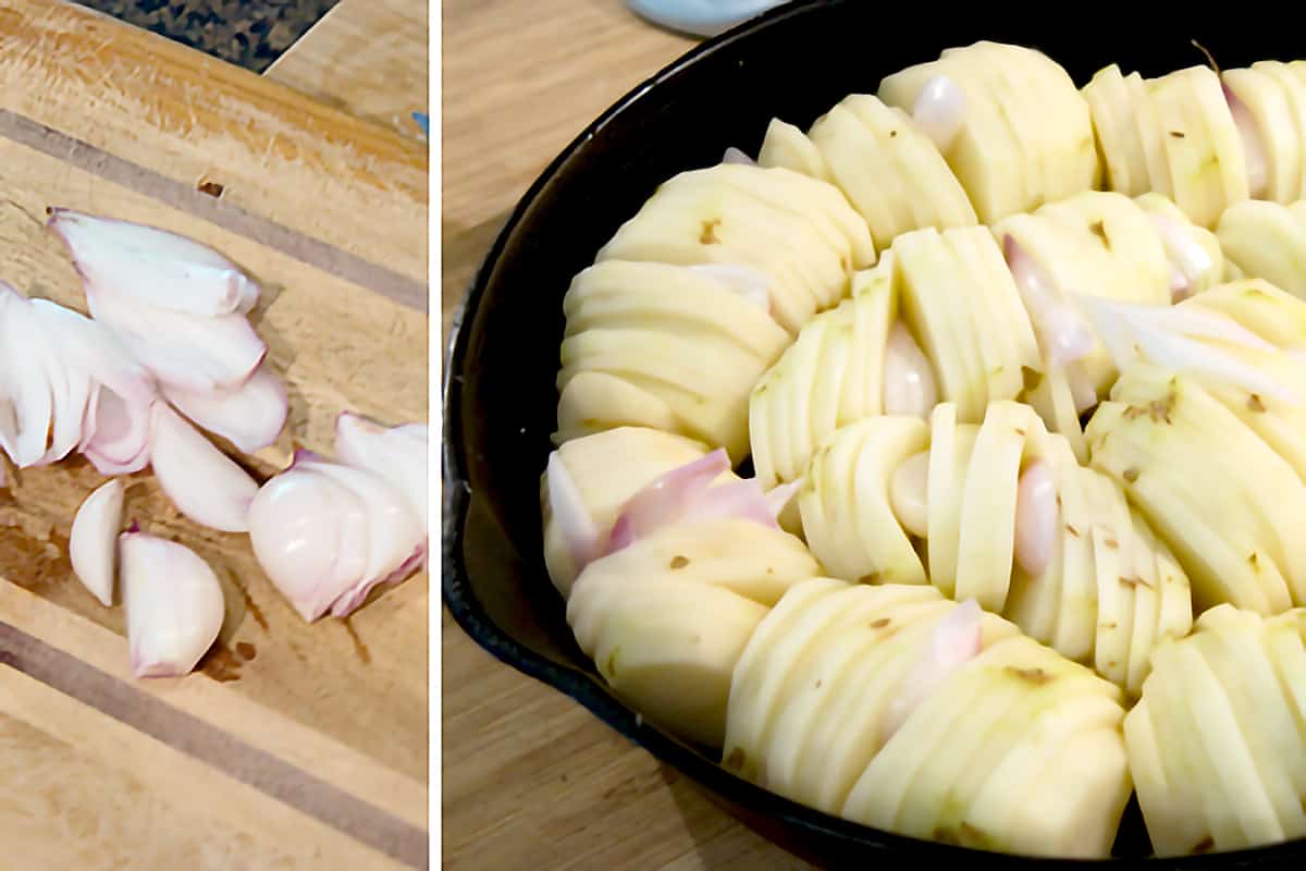 Peeled and sliced shallots with prepared potatoes in a cast iron skillet.