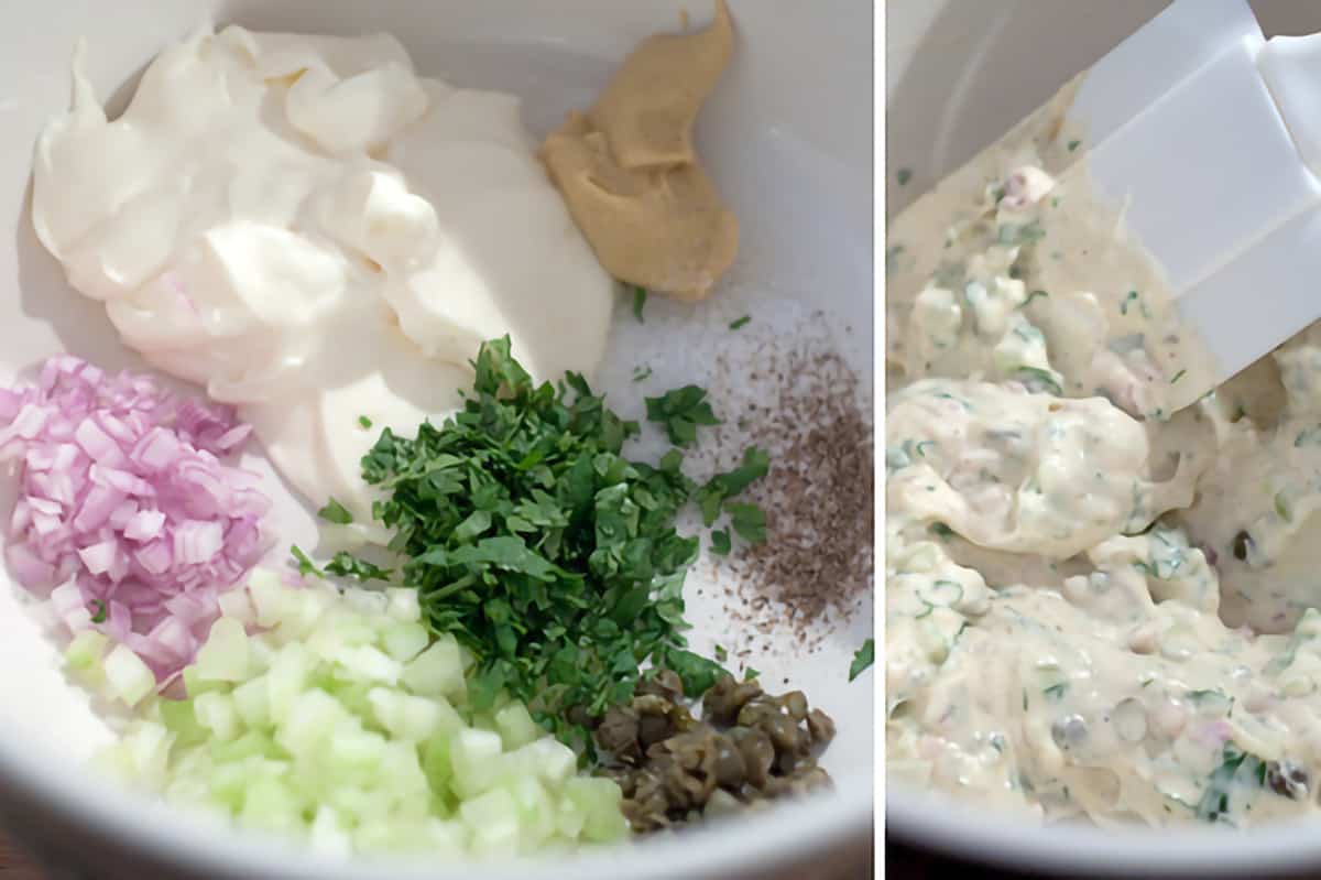 Photo collage showing all ingredients for the dressing in a mixing bowl and the dressing after mixing.