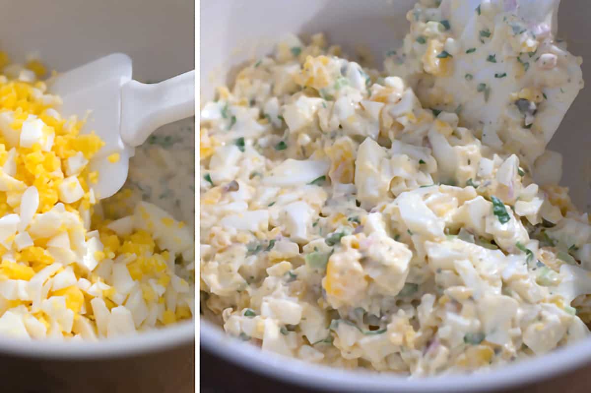 Photo collage showing chopped hard boiled eggs being mixed into the dressing in a mixing bowl.