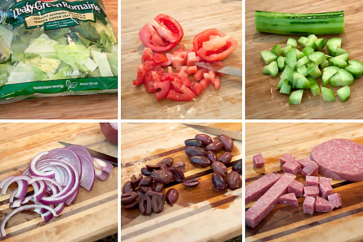 Photo collage showing the veggies and salami being prepped for the salad.